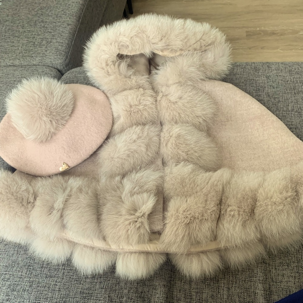 Toddler Wool Poncho W/ Authentic Fox Fur Trimming with Beret hat